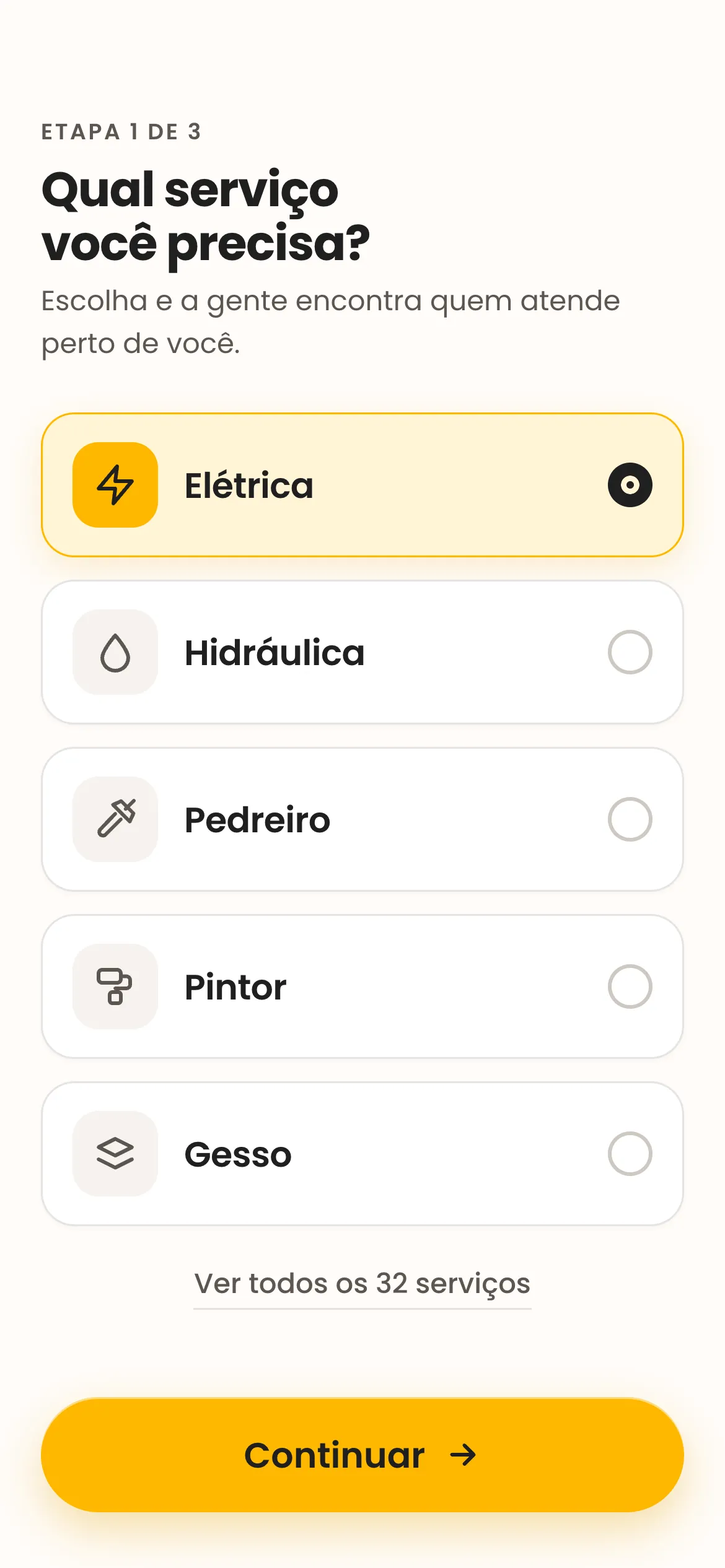 Tela de pedido de serviços no app Oncovô